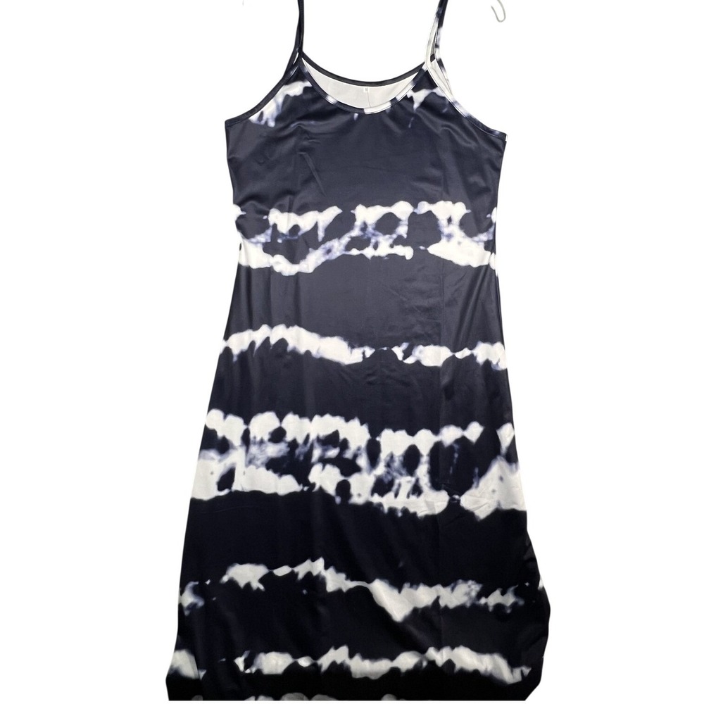 Women's Tie Dye Maxi Dress M Navy Blue White Sleeveless Spaghetti Strap Casual